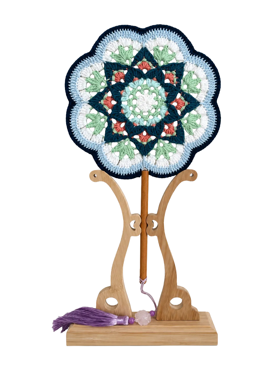 blue green floral round fan detail view