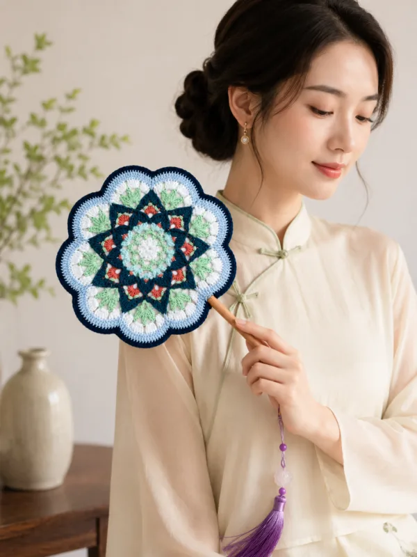 blue green floral round fan lifestyle scene