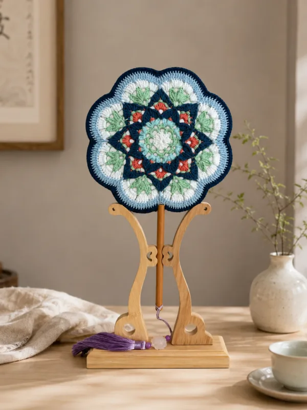 blue green floral round fan top view