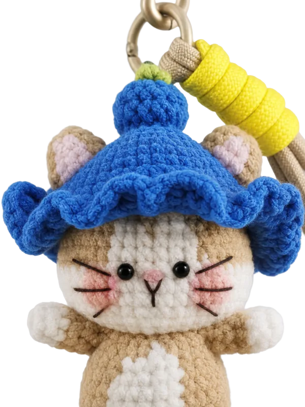blue hat cat bag charm close up detail