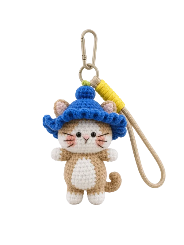 blue hat cat bag charm front view
