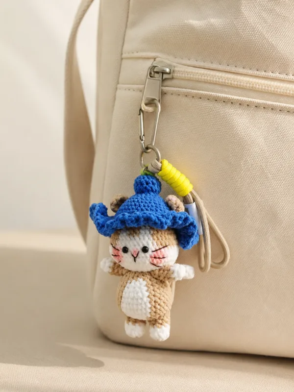 blue hat cat bag charm gift scene