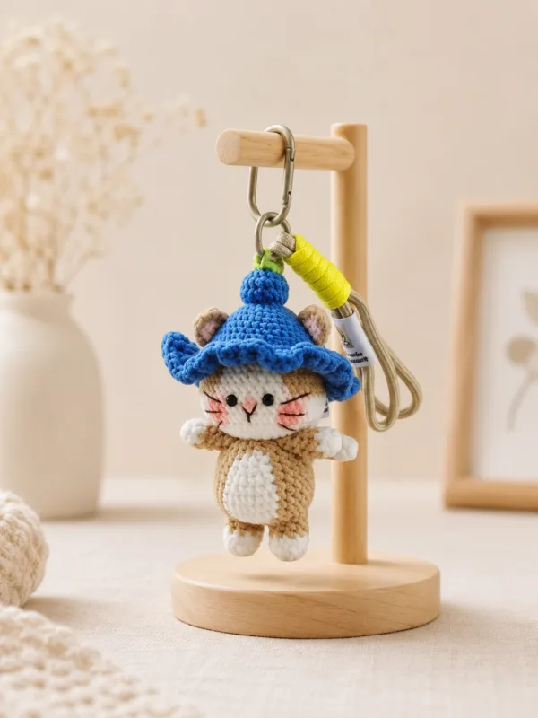 blue hat cat bag charm top view