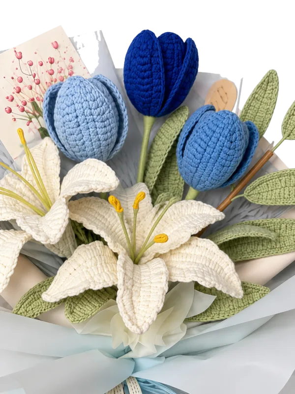 blue tulip lily keepsake bouquet angled view