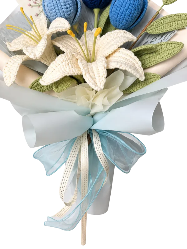 blue tulip lily keepsake bouquet close up detail