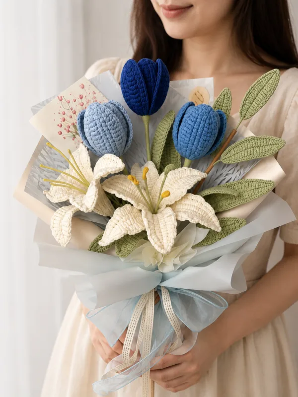 blue tulip lily keepsake bouquet hanging display