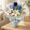blue tulip lily keepsake bouquet lifestyle scene
