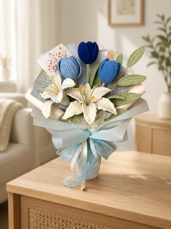 blue tulip lily keepsake bouquet lifestyle scene