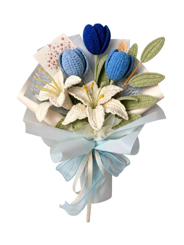 blue tulip lily keepsake bouquet side view