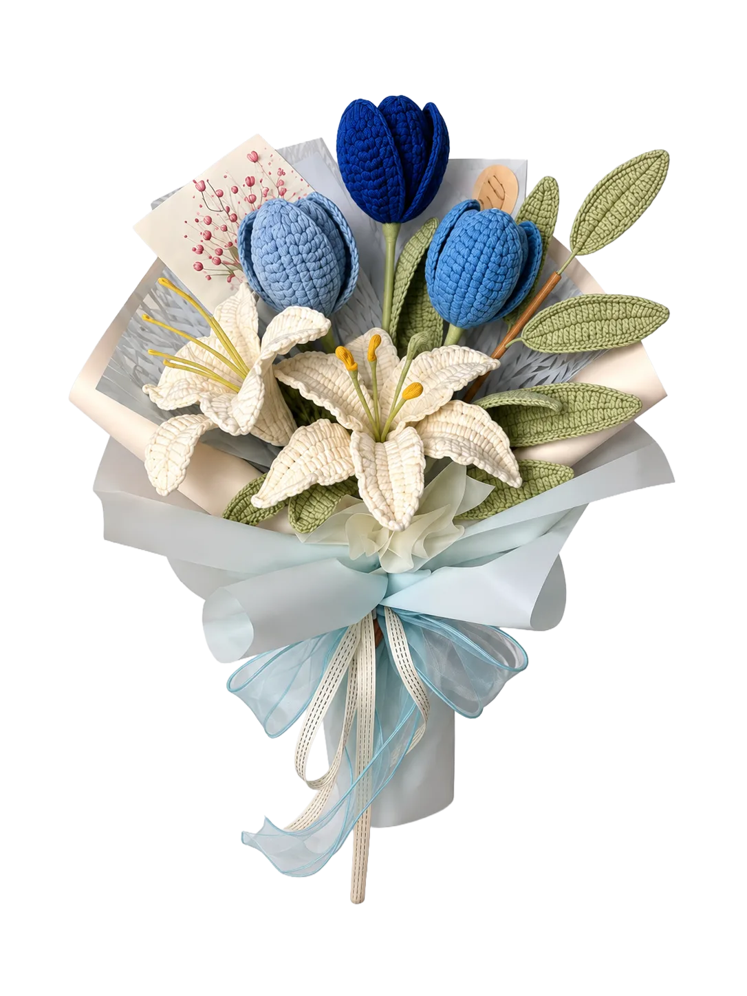 blue tulip lily keepsake bouquet side view