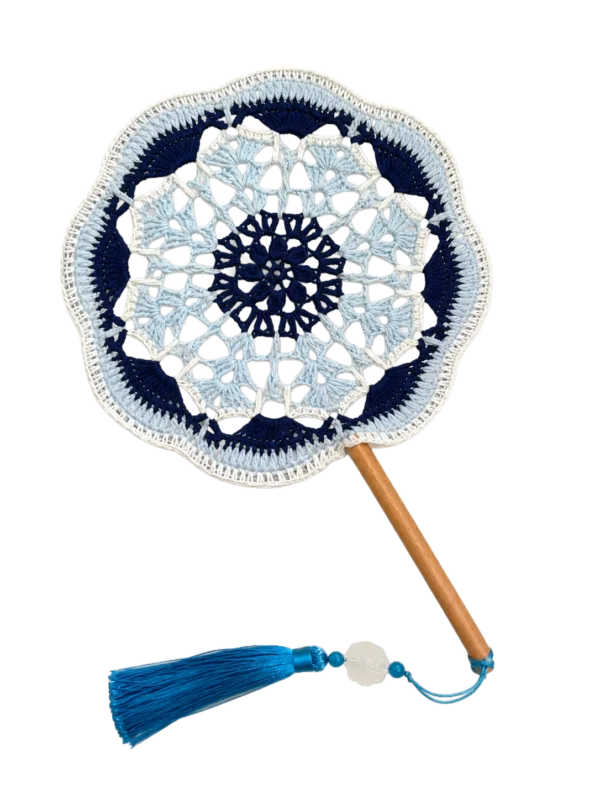 blue white porcelain round fan detail view