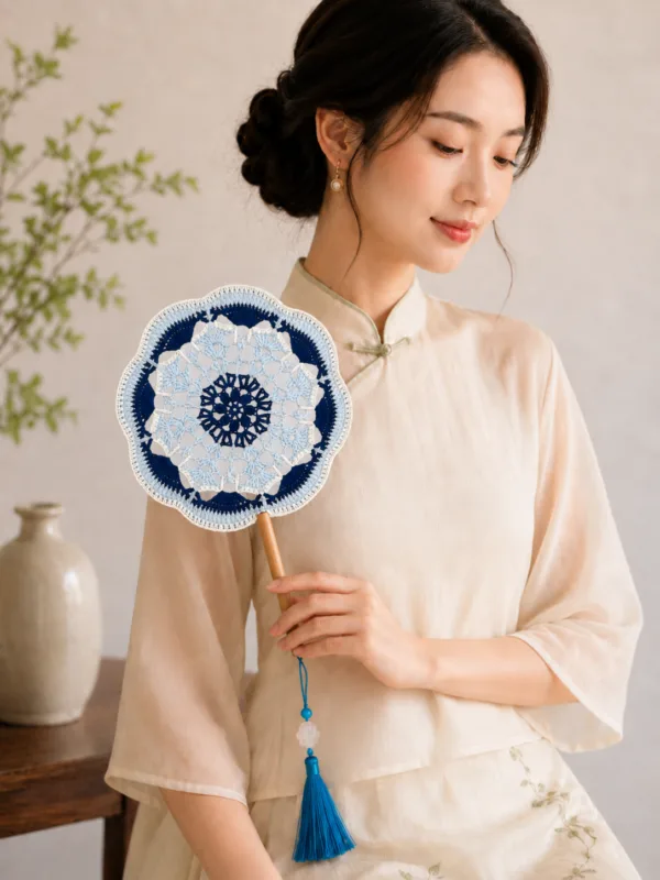 blue white porcelain round fan lifestyle scene