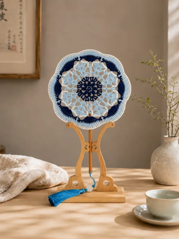 blue white porcelain round fan top view