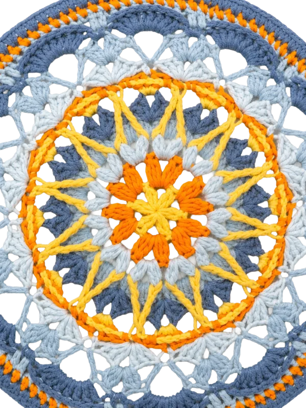 blue yellow mandala round fan detail view
