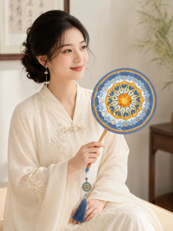 blue yellow mandala round fan lifestyle scene
