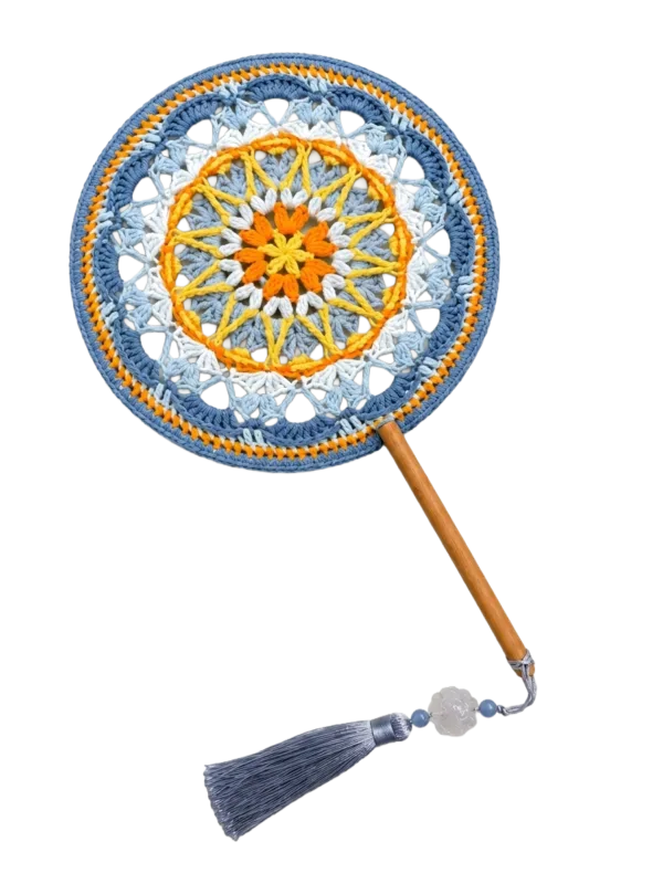 blue yellow mandala round fan main image