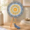 blue yellow mandala round fan top view