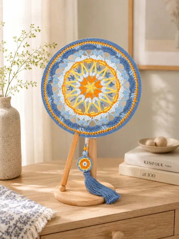 blue yellow mandala round fan top view