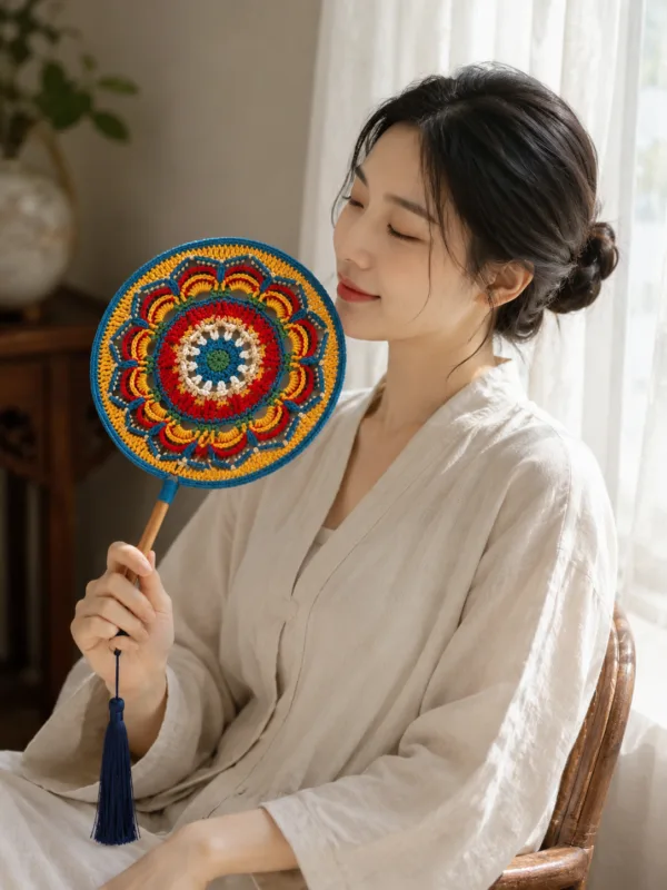colorful mandala round fan lifestyle scene