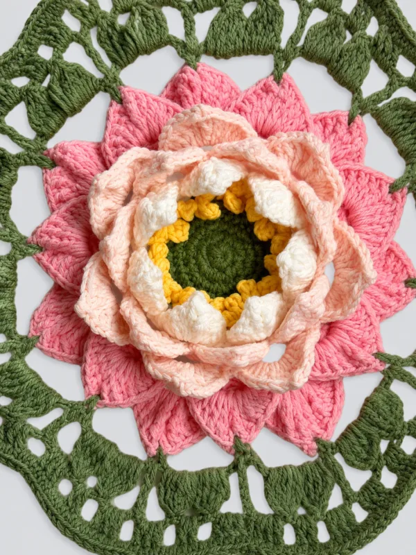 green pink peony round fan close up detail