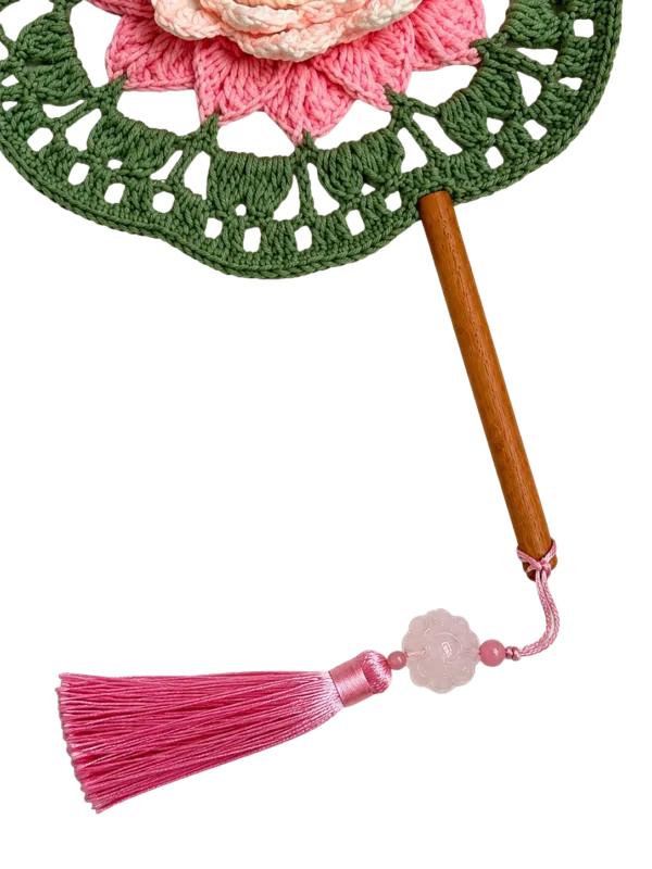 green pink peony round fan detail view