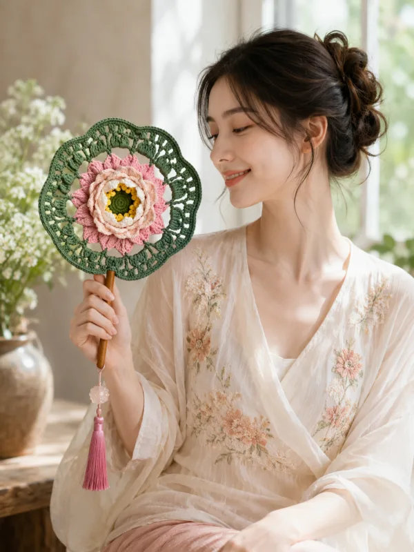 green pink peony round fan lifestyle scene