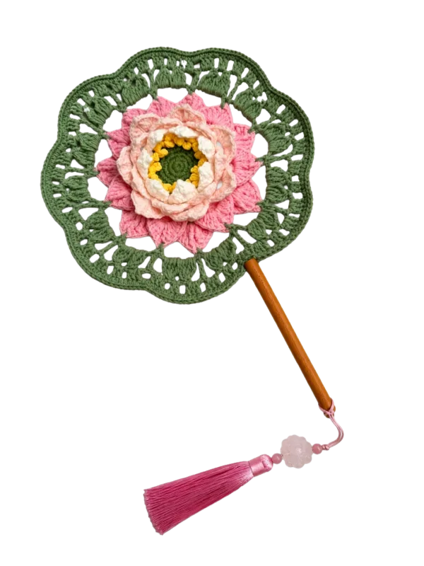 green pink peony round fan main image