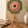 green pink peony round fan top view
