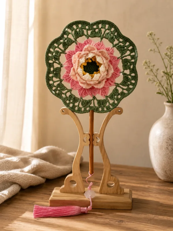 green pink peony round fan top view