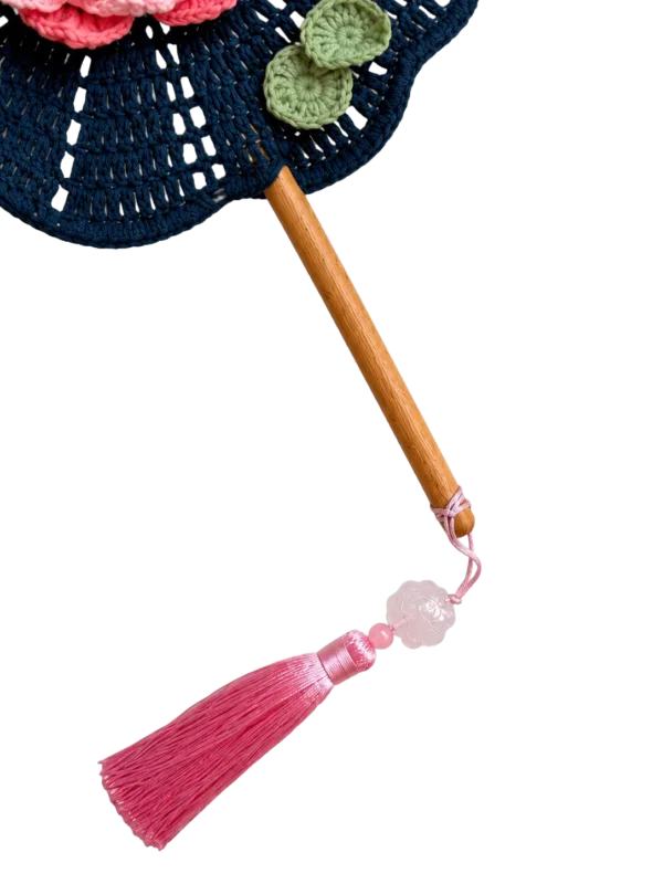 navy peony round fan detail view