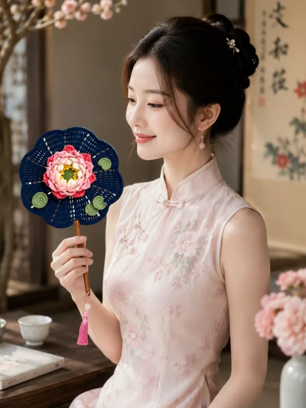 navy peony round fan lifestyle scene