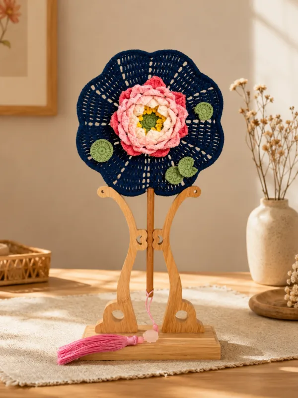 navy peony round fan top view