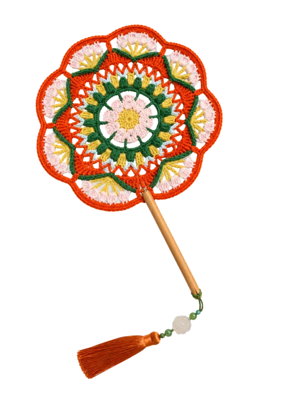 orange green floral round fan main image