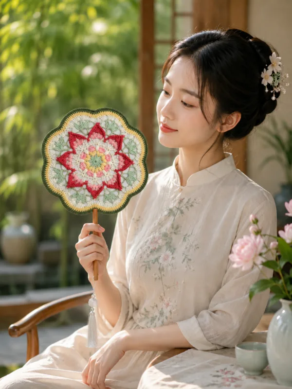 pink lotus floral round fan lifestyle scene