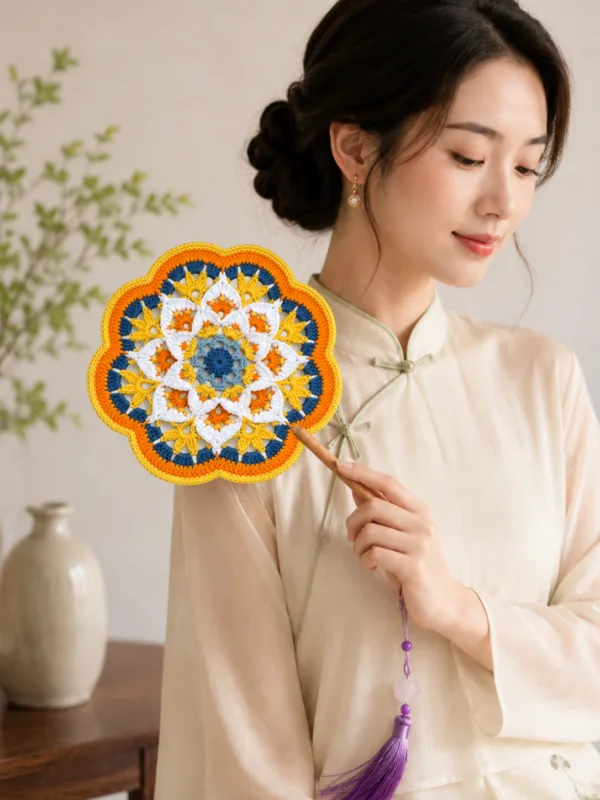yellow blue daisy round fan lifestyle scene