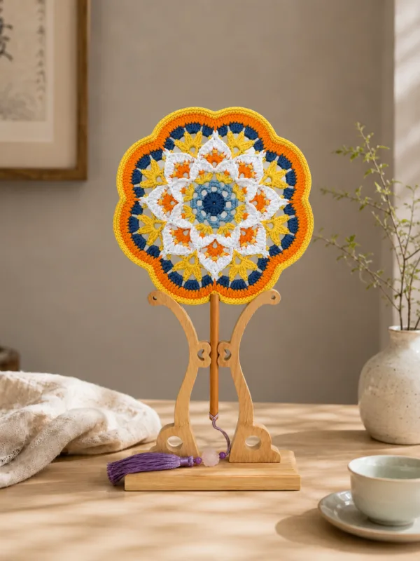 yellow blue daisy round fan top view