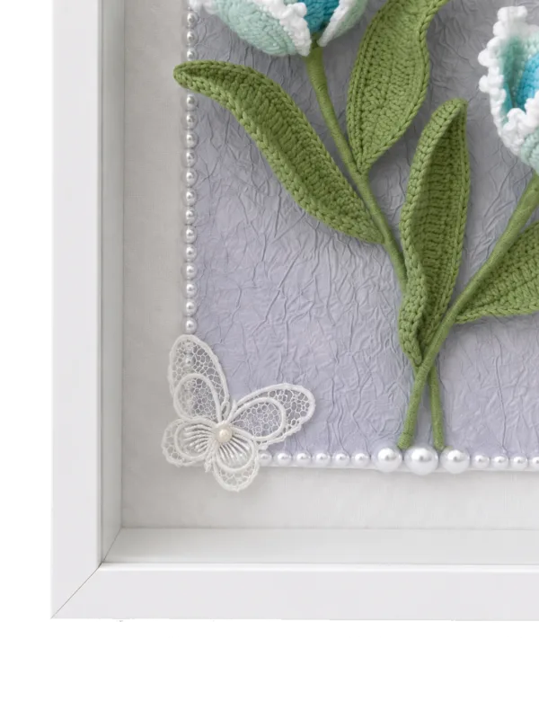 blue lily of the valley shadow box frame close up detail