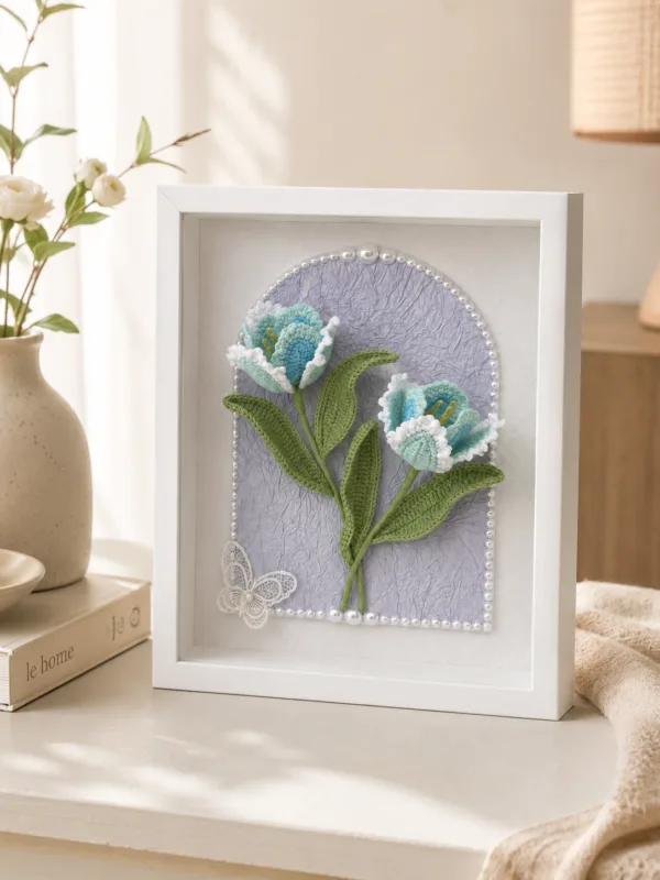 blue lily of the valley shadow box frame lifestyle scene