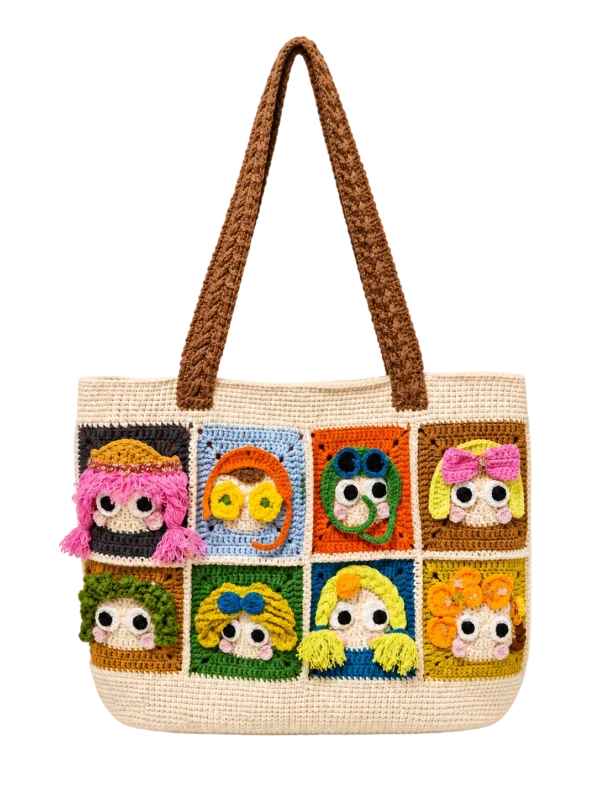 cartoon patchwork character tote back view