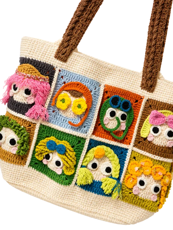 cartoon patchwork character tote close up detail