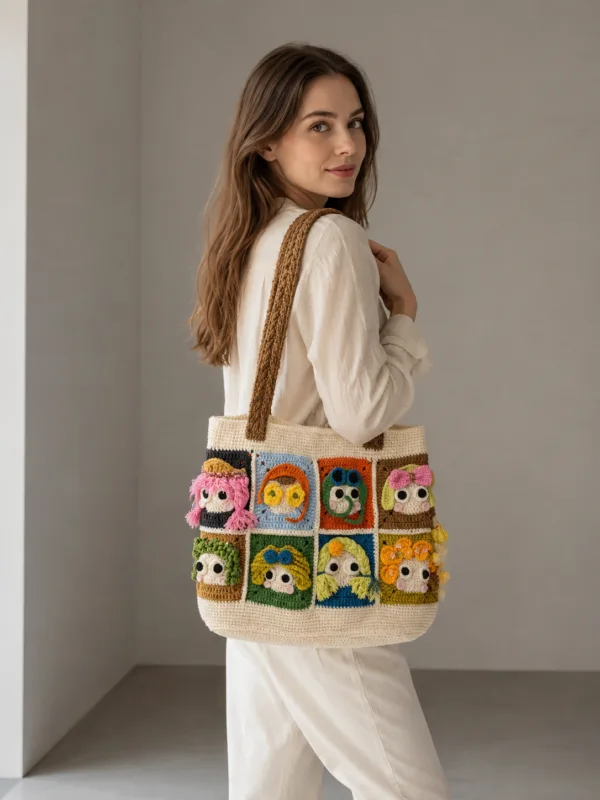 cartoon patchwork character tote lifestyle scene