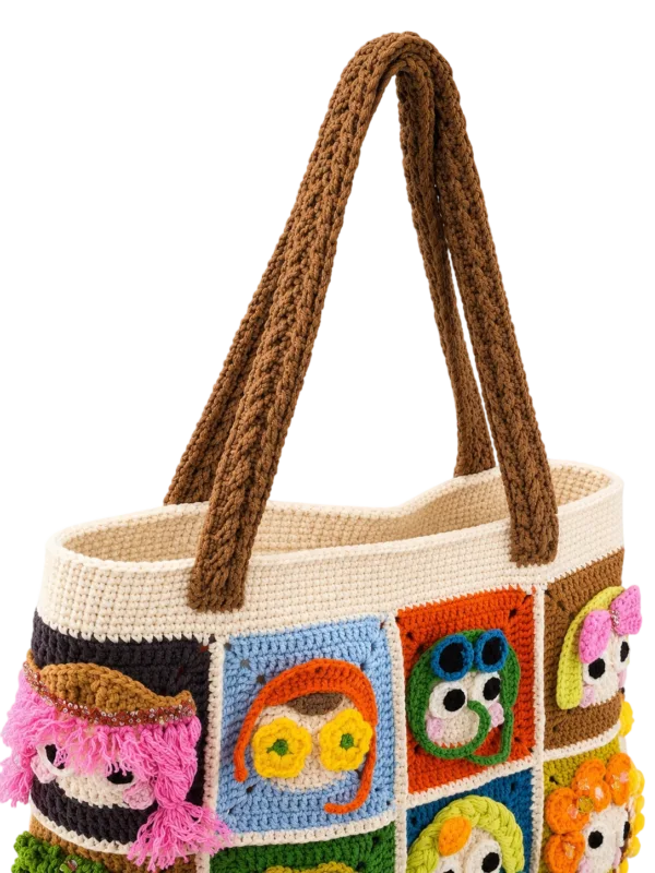 cartoon patchwork character tote strap detail