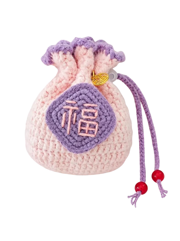 crochet blush lilac fu blessing sachet pouch front view