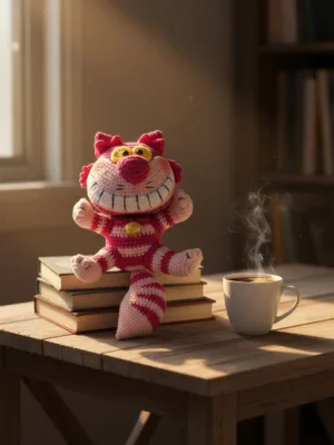 Hand crocheted Cheshire cat doll plain background image