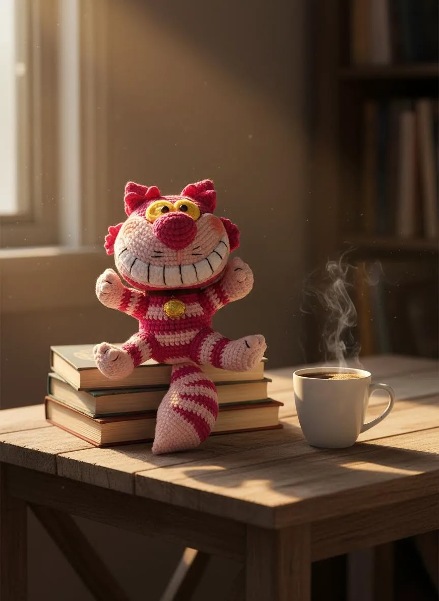 Hand crocheted Cheshire cat doll plain background image