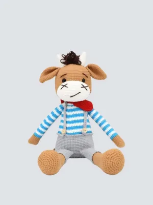 Hand crocheted calf doll striped shirt plain background main image