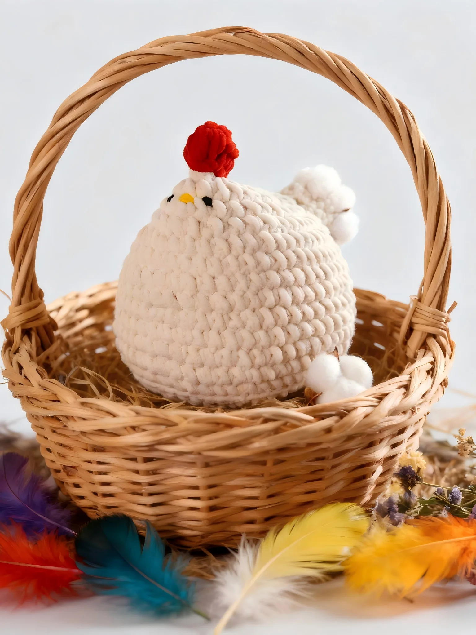 Hand crocheted chick doll wicker basket Easter decor scene