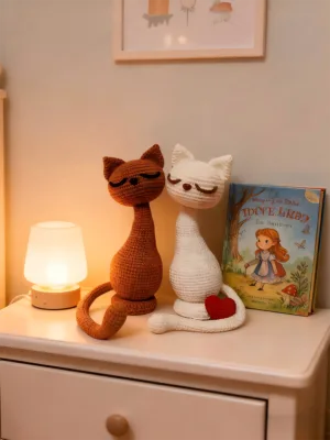 Hand crocheted couple cat dolls bedroom nightstand decor scene