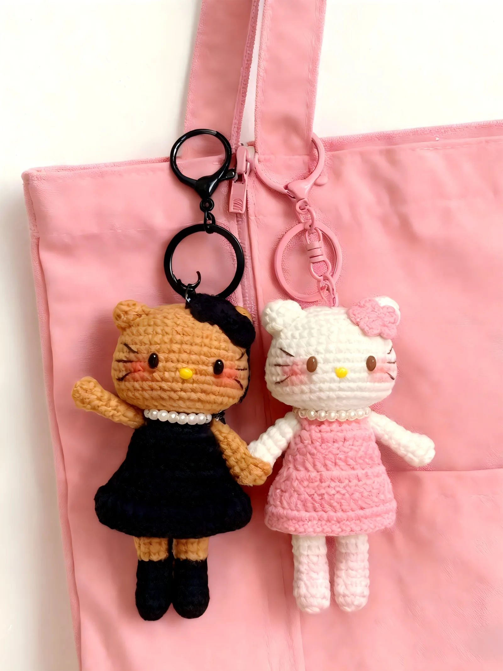 Hand crocheted couple cat keychains pink tote bag decor scene