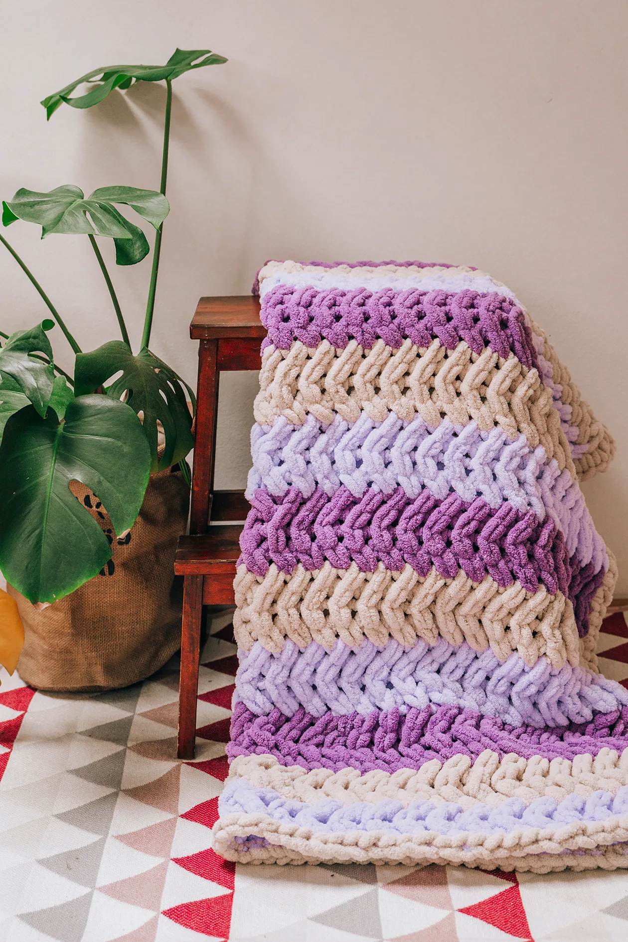Hand crocheted purple gradient blanket home decor